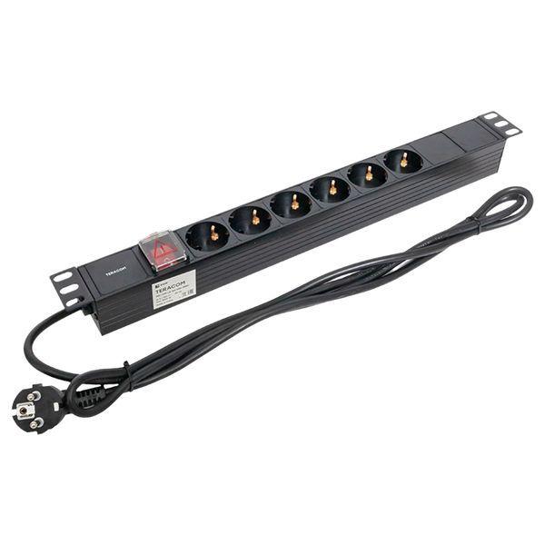 Блок PDU TERACOM 19дюйм 1U 16А/250В 6 роз. Schuko с выключат. шнур 2м 3х1.5кв.мм вилка Schuko корпус пластик черн. EKF TRC-HPD-LS-16A-6SH-2MSH