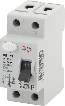 Выключатель дифференциального тока (УЗО) 1P+N 63А 30мА ВД1-63 Pro NO-902-33 ЭРА Б0031879