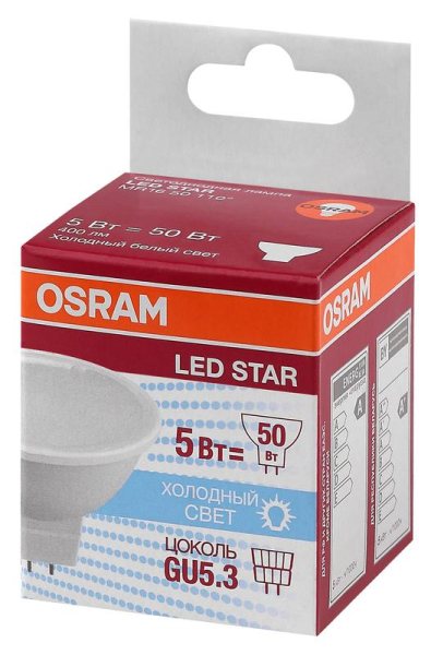 Лампа светодиодная LED Star MR16 50110 5W/840 230V GU5.3 5Вт матовая 4000К нейтр. бел. GU5.3 MR16 400лм 220-240В пластик. (замена 50Вт) OSRAM 4058075480490