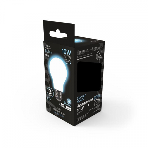 Лампа светодиодная филаментная Black Filament 10Вт A60 грушевидная матовая 4100К нейтр. бел. E27 860лм GAUSS 102202210