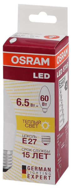 Лампа светодиодная LED STAR CLASSIC B 60 6.5W/830 6.5Вт свеча 3000К тепл. бел. E27 550лм 220-240В матов. пласт. OSRAM 4058075134232