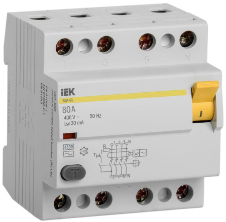 Выключатель дифференциального тока (УЗО) 4п 80А 30мА тип AC ВД1-63 IEK MDV10-4-080-030