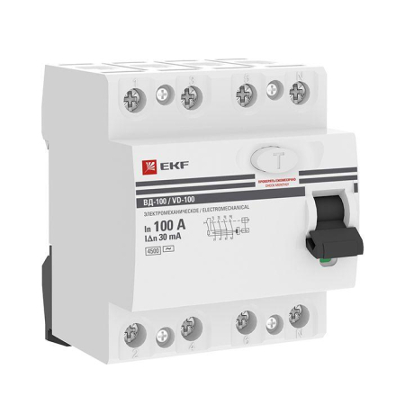 Выключатель дифференциального тока (УЗО) 4п 100А 30мА тип AC ВД-100 (электромех.) PROxima EKF elcb-4-100-30-em-pro