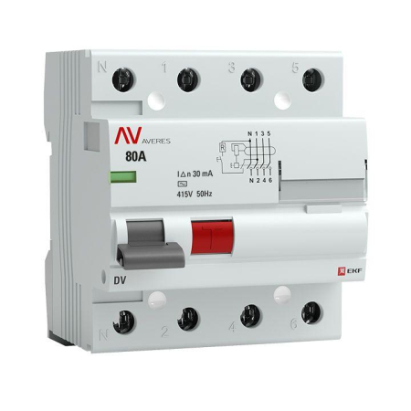 Выключатель дифференциального тока (УЗО) 4п 80А 30мА тип ACS DV AVERES EKF rccb-4-80-30-ac-av