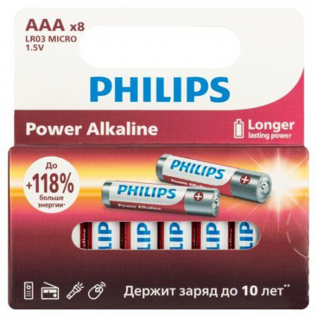 Элемент питания алкалиновый AAA/LR03 1.5В Power (блист. 8шт) Philips Б0064680