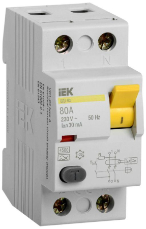 Выключатель дифференциального тока (УЗО) 2п 80А 30мА тип AC ВД1-63 IEK MDV10-2-080-030