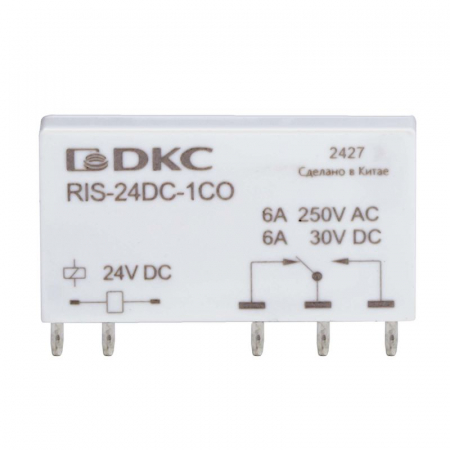 Реле миниатюрное ультратонкое 1CO ком. ток 6А AgSnO2 напряжение 24В DC DKC RIS-24DC-1CO