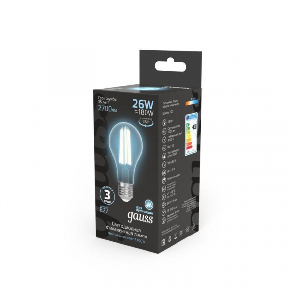 Лампа светодиодная филаментная Black Filament 26Вт A70 грушевидная 4100К нейтр. бел. E27 2700лм GAUSS 102902226