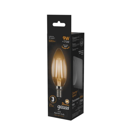 Лампа светодиодная филаментная Black Filament 9Вт свеча 2700К тепл. бел. E14 680лм GAUSS 103801109