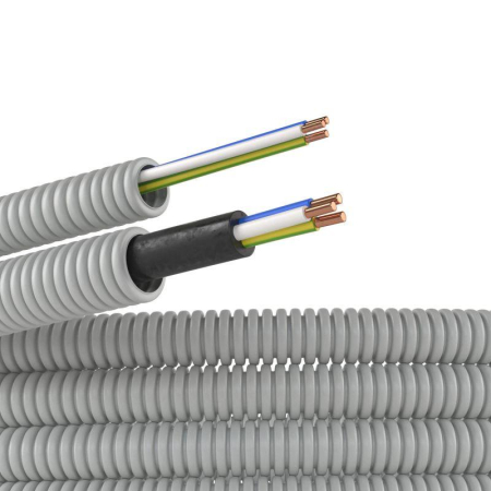 Труба гофрированная ПВХ гибкая d16мм с проводом ПВ-1(ПуВ) 3х2.5 РЭК ГОСТ+ сер. (уп.50м) DKC 9V91650