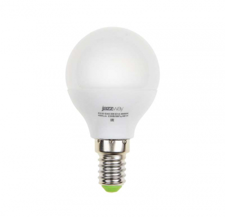 Лампа светодиодная PLED-ECO-G45 5Вт шар 3000К тепл. бел. E14 400лм 220-240В JazzWay 1036896A