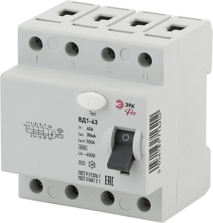 Выключатель дифференциального тока (УЗО) 3P+N 40А 30мА ВД1-63 Pro NO-902-39 ЭРА Б0031884
