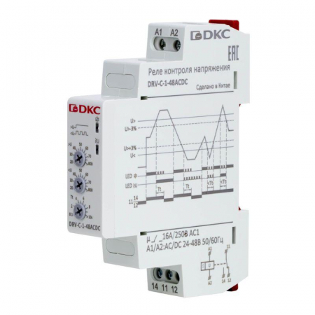Реле контроля напряжения 1ф DRV конфигурация контакта 1CO 24-48В AC/DC DKC DRV-C-1-48ACDC